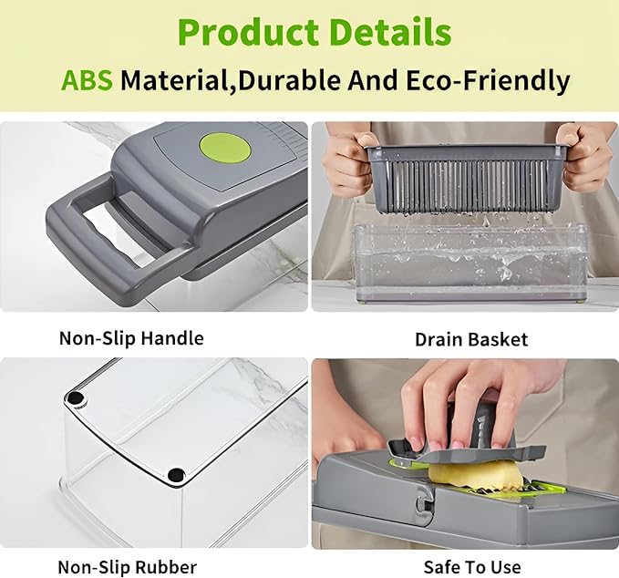 مفرمة خضراوات متعددة الوظائف 14 في 1، قطاعة ماندولين، قطاعة، مع صندوق حاوية