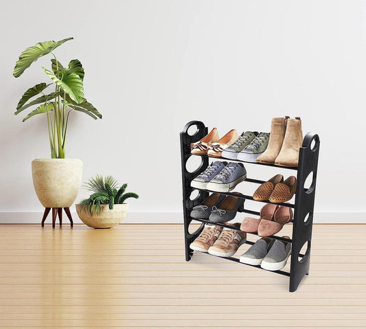 Foldable Lightweight Plastic Shoe Rack with 4 Shelves & Iron Rods